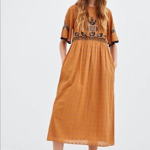 Zara cotton mustard Embroidered midi dress
